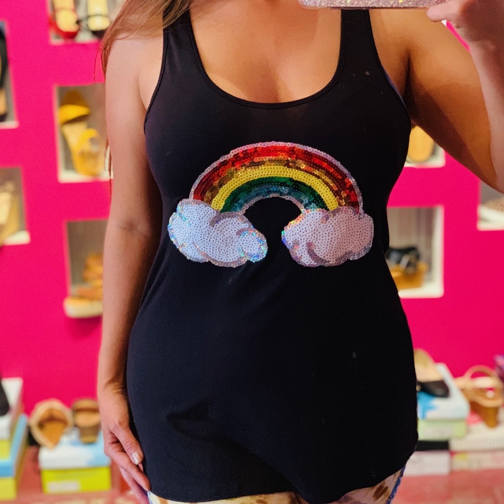 Sequin Multicolor Rainbow Graphic Tank Tee T-shirt - Picture 2 of 3
